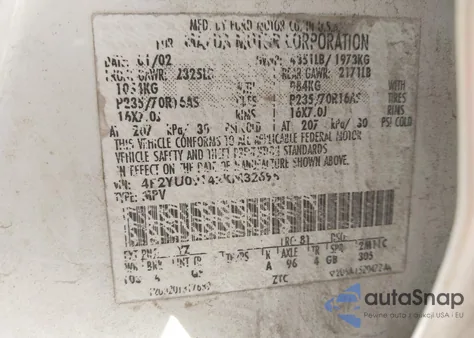 2002 Mazda Tribute Es V6/Lx V6 из США, поврежденный, VIN 4F2YU09142KM32696